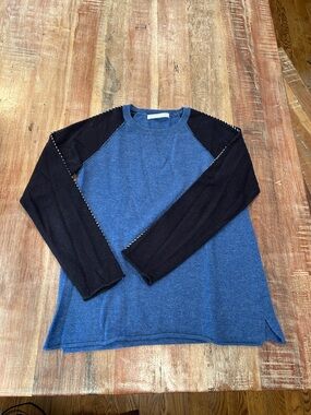 Hannah Rose Blue Crewneck Sweater with White-Stitched Black Raglan Sleeves